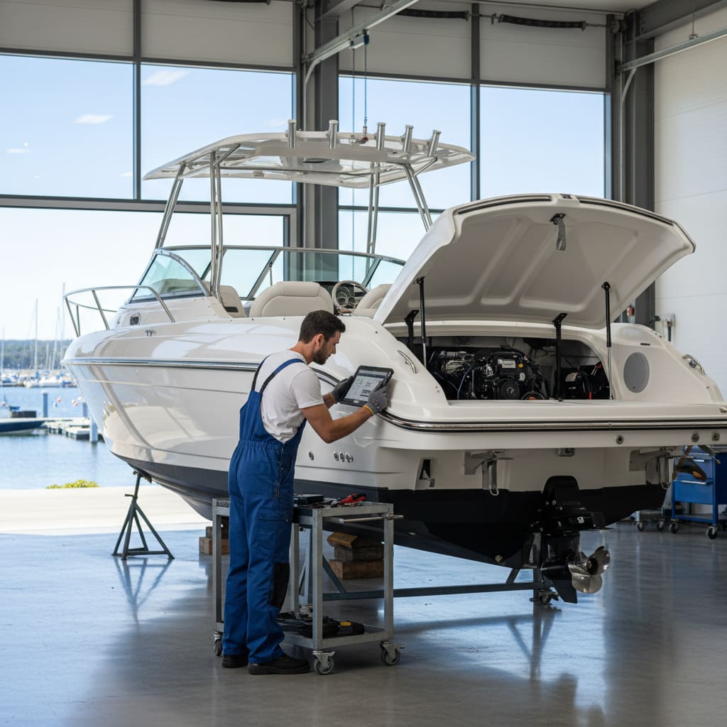 Marine-Techniker prüft ein Motorboot